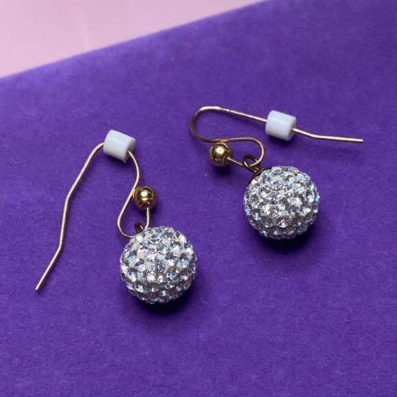 💛 Classic 10k Yellow Gold White Crystal Ball Drop Earrings - Picture 2 of 5